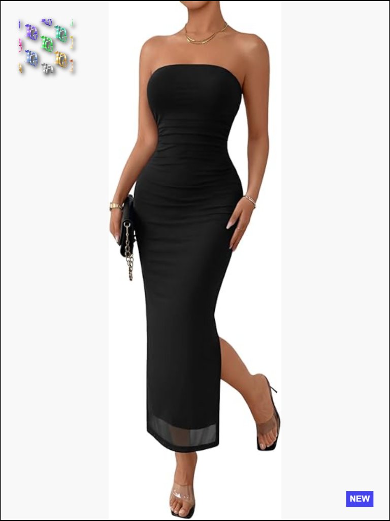 Strapless Tube Maxi Dress Ruched Bodycon Summer Party Wedding Guest